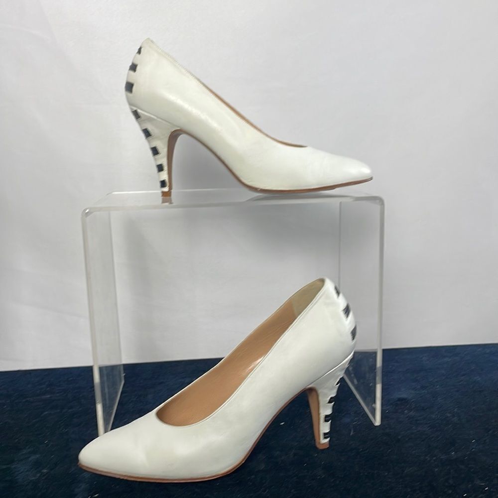Maud Frizon Cream With Black Striped Back Pump Shoes